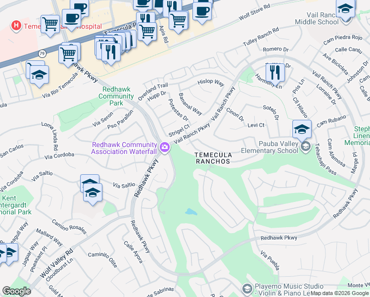 map of restaurants, bars, coffee shops, grocery stores, and more near 32495 Vail Ranch Parkway in Temecula