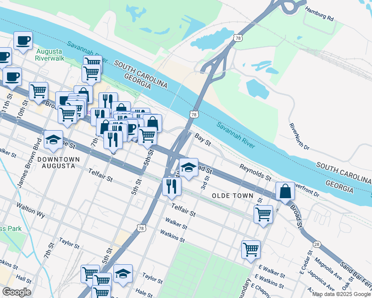 map of restaurants, bars, coffee shops, grocery stores, and more near 108 4th Street in Augusta