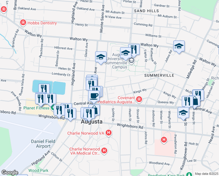 map of restaurants, bars, coffee shops, grocery stores, and more near 1402B Arsenal Avenue in Augusta