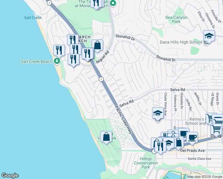 map of restaurants, bars, coffee shops, grocery stores, and more near 23831 Marmara Bay in Dana Point