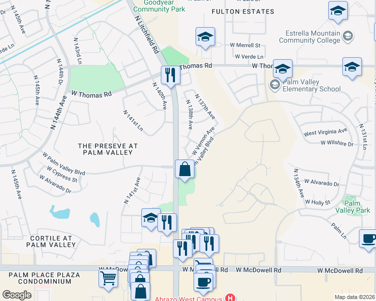 map of restaurants, bars, coffee shops, grocery stores, and more near 13872 West Vernon Avenue in Goodyear