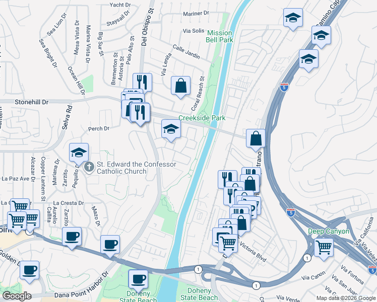 map of restaurants, bars, coffee shops, grocery stores, and more near 25716 Harbor Point Drive in Dana Point