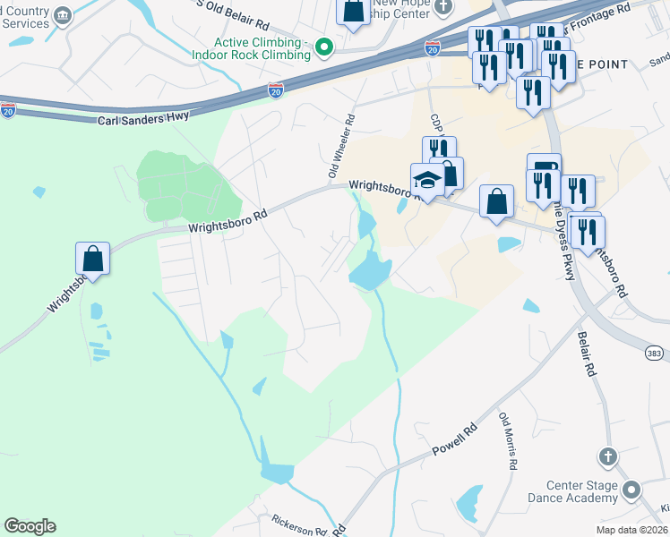 map of restaurants, bars, coffee shops, grocery stores, and more near 745 Leela Court in Grovetown