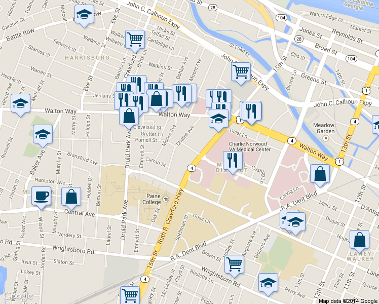 map of restaurants, bars, coffee shops, grocery stores, and more near 1512 Pope Avenue in Augusta
