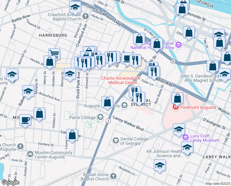 map of restaurants, bars, coffee shops, grocery stores, and more near 1512 Pope Avenue in Augusta