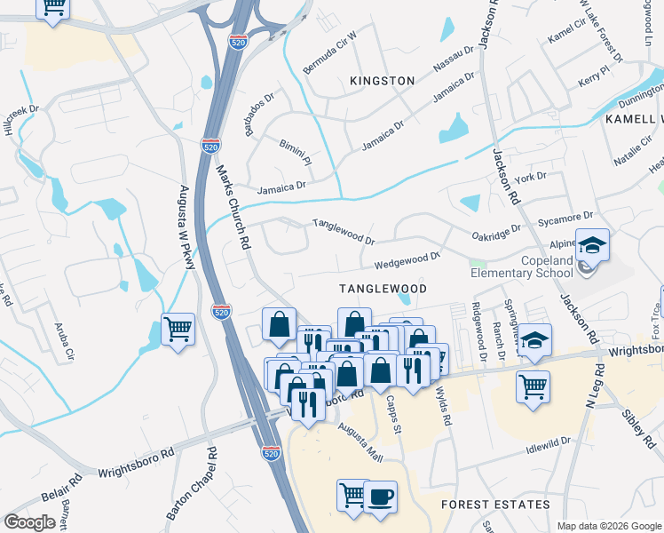 map of restaurants, bars, coffee shops, grocery stores, and more near 1350 Marks Church Road in Augusta