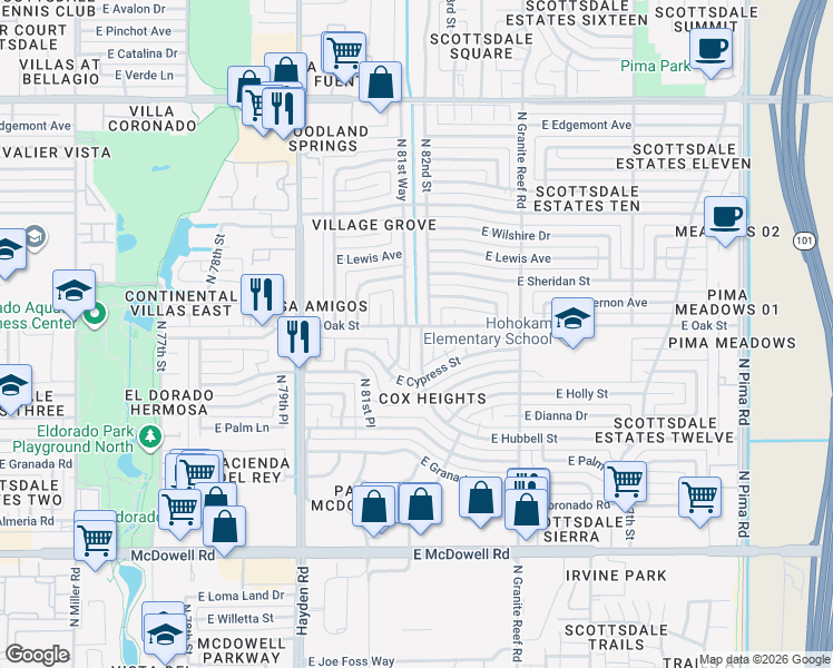 map of restaurants, bars, coffee shops, grocery stores, and more near 2230 North 82nd Street in Scottsdale