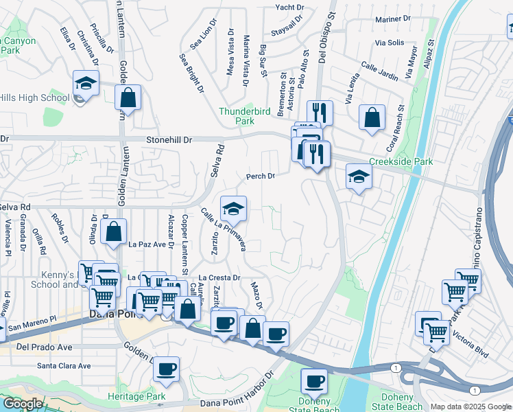 map of restaurants, bars, coffee shops, grocery stores, and more near 33731 Big Sur Street in Dana Point
