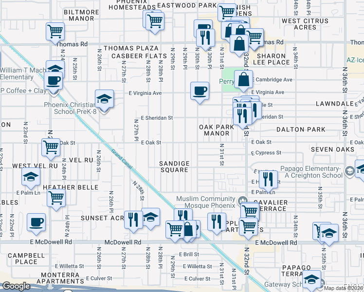 map of restaurants, bars, coffee shops, grocery stores, and more near 2232 North 29th Place in Phoenix