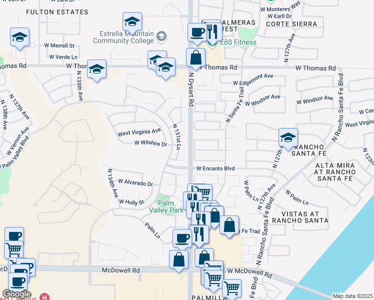 map of restaurants, bars, coffee shops, grocery stores, and more near 13114 West Sheridan Street in Goodyear