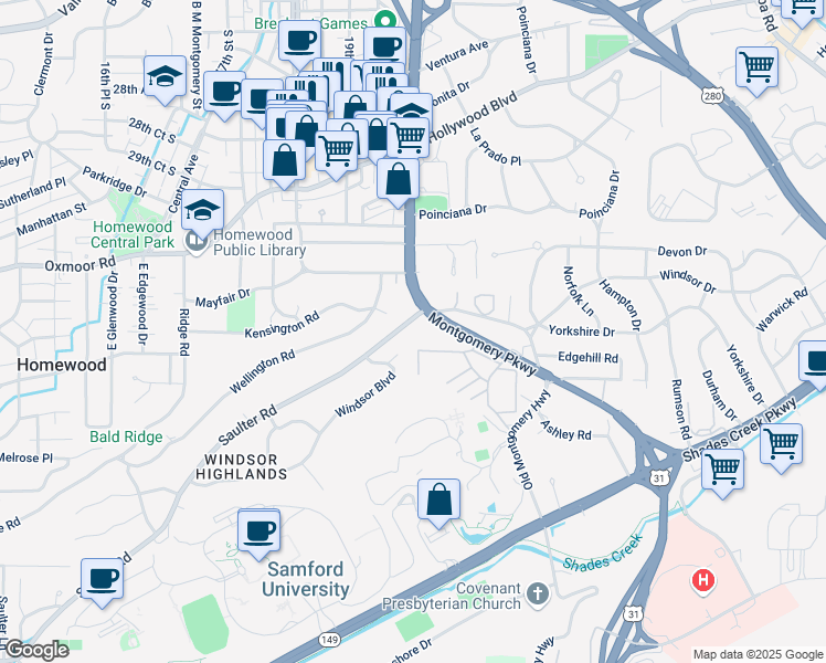 map of restaurants, bars, coffee shops, grocery stores, and more near 1929 Saulter Road in Birmingham