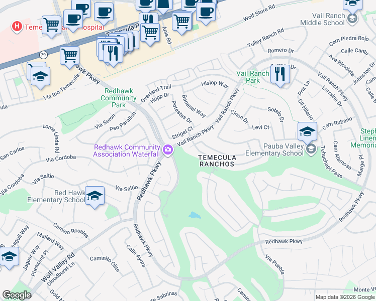 map of restaurants, bars, coffee shops, grocery stores, and more near 32495 Vail Ranch Parkway in Temecula