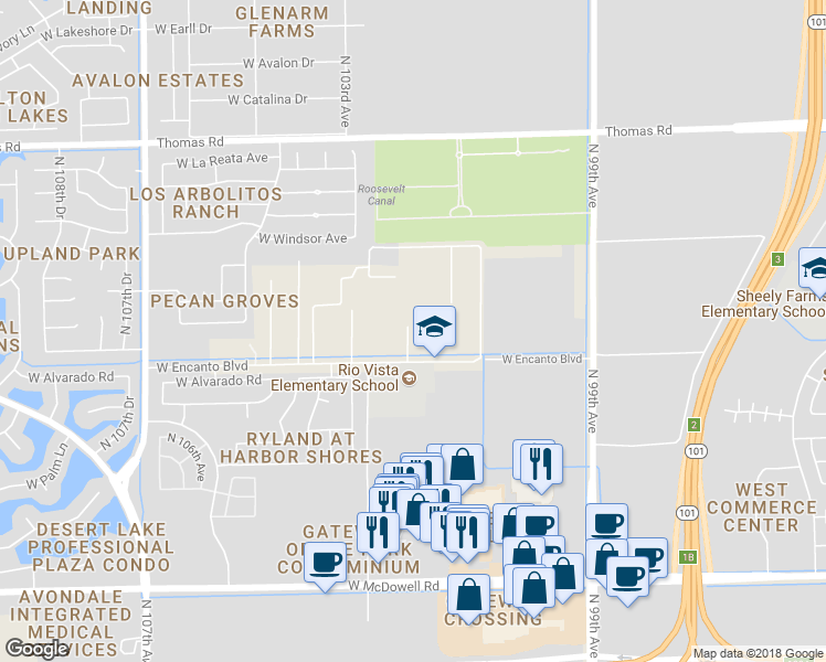 map of restaurants, bars, coffee shops, grocery stores, and more near 2333 North 102nd Drive in Avondale
