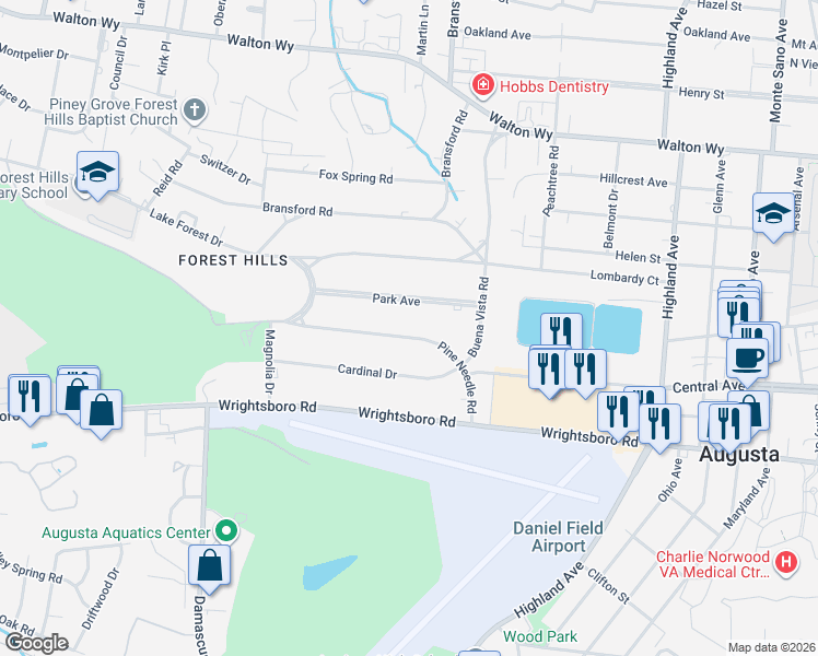 map of restaurants, bars, coffee shops, grocery stores, and more near 3031 Pine Needle Road in Augusta