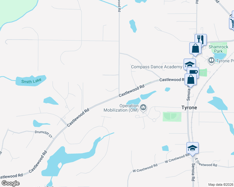map of restaurants, bars, coffee shops, grocery stores, and more near 420 Castlewood Road in Tyrone