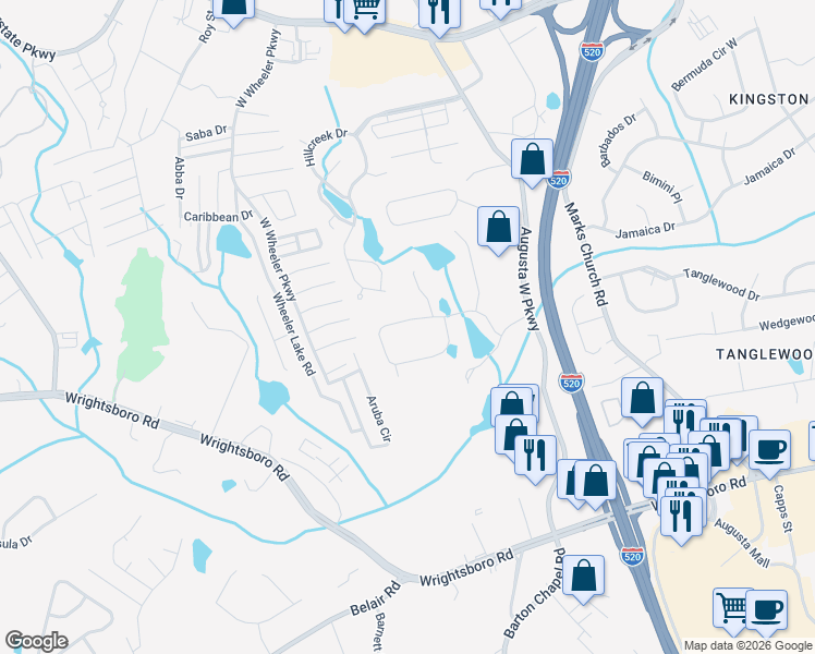 map of restaurants, bars, coffee shops, grocery stores, and more near 1224 Brookstone Way in Augusta