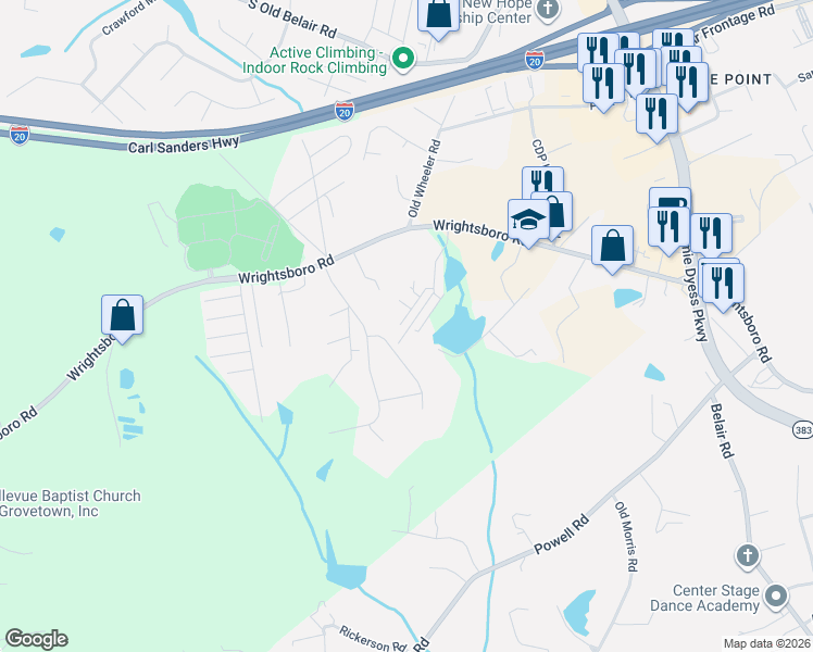 map of restaurants, bars, coffee shops, grocery stores, and more near 745 Leela Court in Grovetown