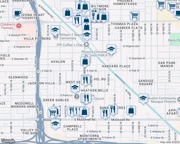 map of restaurants, bars, coffee shops, grocery stores, and more near 2219 North 24th Place in Phoenix