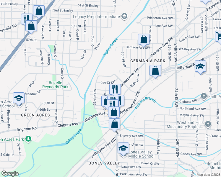 map of restaurants, bars, coffee shops, grocery stores, and more near 3129 Steiner Avenue Southwest in Birmingham