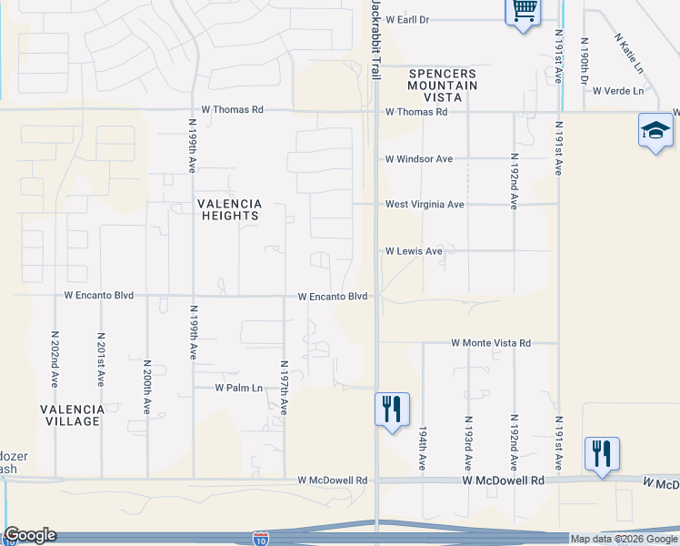 map of restaurants, bars, coffee shops, grocery stores, and more near 19606 West Encanto Boulevard in Buckeye