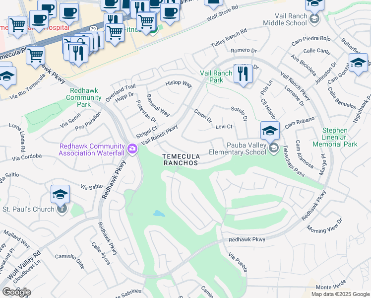 map of restaurants, bars, coffee shops, grocery stores, and more near 32716 Hupa Drive in Temecula