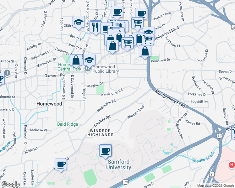 map of restaurants, bars, coffee shops, grocery stores, and more near 1802 Wellington Road in Birmingham