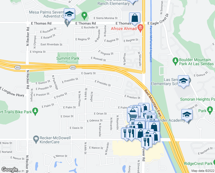map of restaurants, bars, coffee shops, grocery stores, and more near 6539 East Presidio Street in Mesa