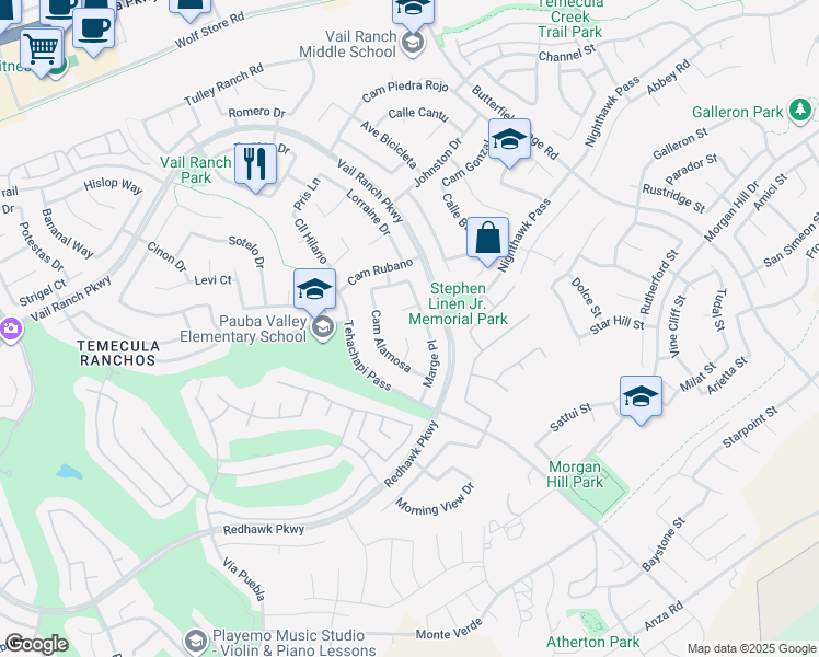 map of restaurants, bars, coffee shops, grocery stores, and more near 44872 Melissa Circle in Temecula