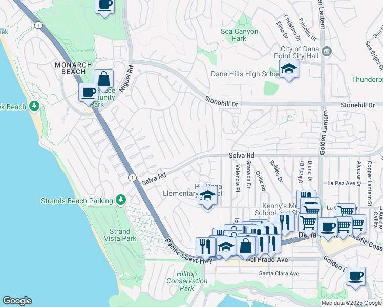 map of restaurants, bars, coffee shops, grocery stores, and more near 24135 Windward Drive in Dana Point