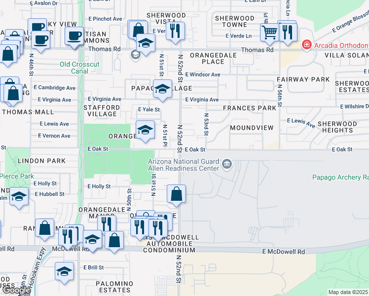 map of restaurants, bars, coffee shops, grocery stores, and more near 5230 East Oak Street in Phoenix