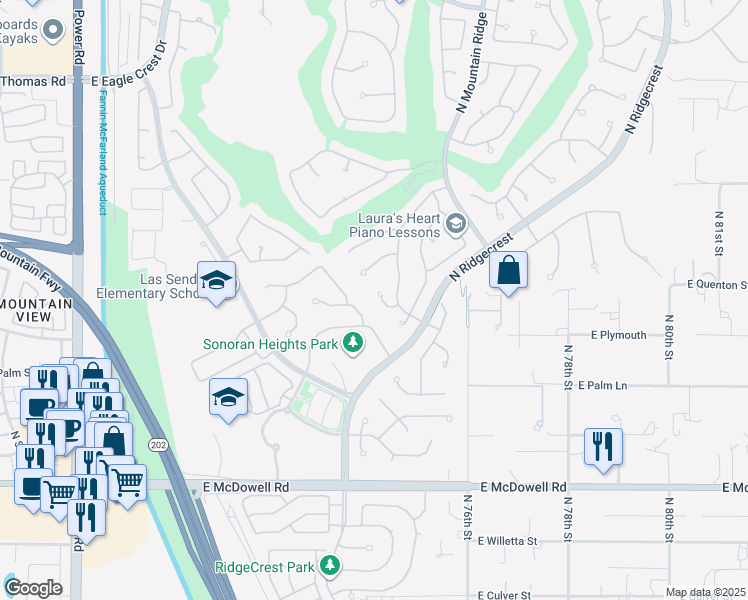map of restaurants, bars, coffee shops, grocery stores, and more near 3060 North Ridgecrest in Mesa