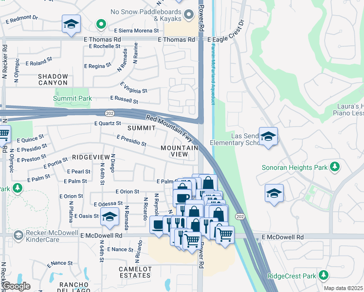 map of restaurants, bars, coffee shops, grocery stores, and more near 6730 East Preston Street in Mesa