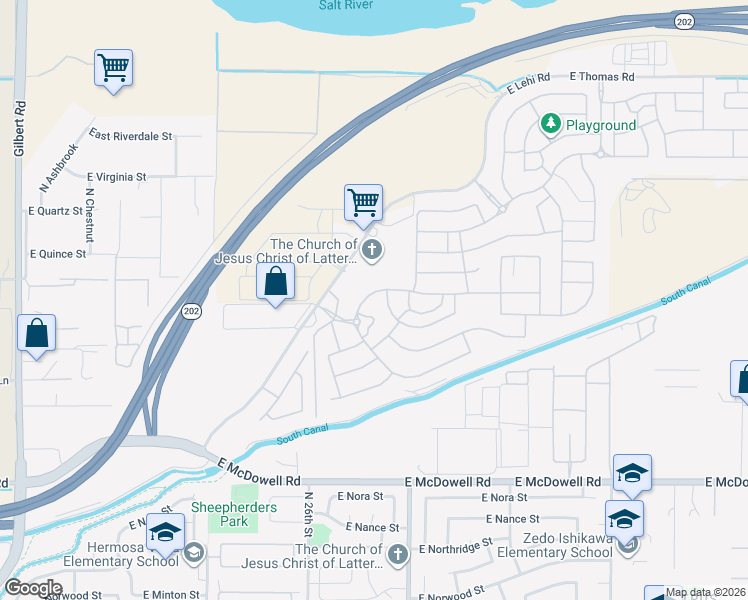 map of restaurants, bars, coffee shops, grocery stores, and more near 2661 East Preston Street in Mesa