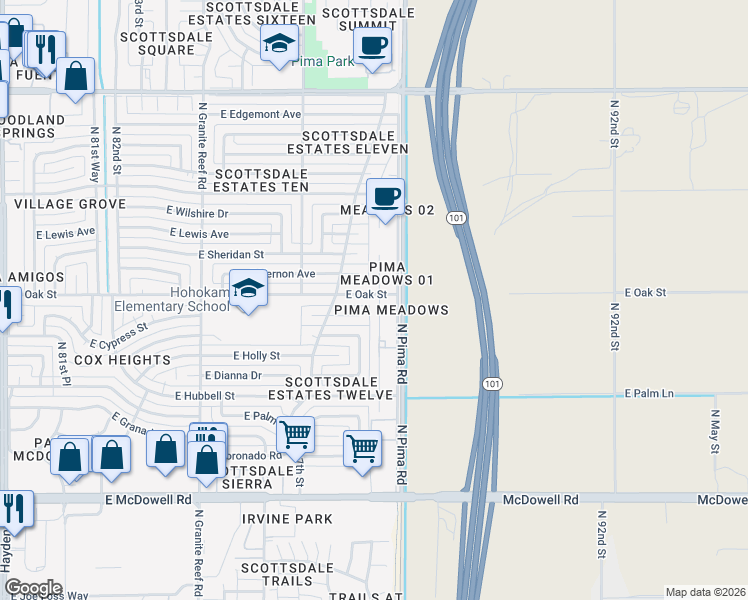 map of restaurants, bars, coffee shops, grocery stores, and more near 2229 North 87th Way in Scottsdale
