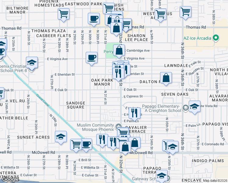 map of restaurants, bars, coffee shops, grocery stores, and more near 3128 East Cypress Street in Phoenix
