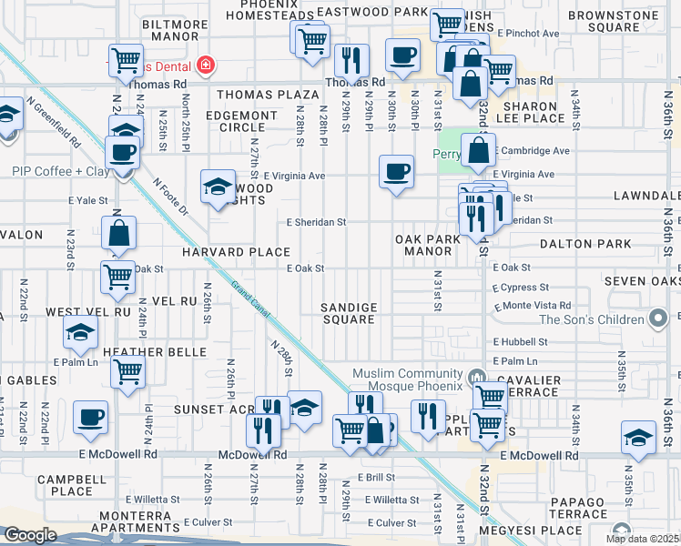 map of restaurants, bars, coffee shops, grocery stores, and more near 2236 North 29th Street in Phoenix