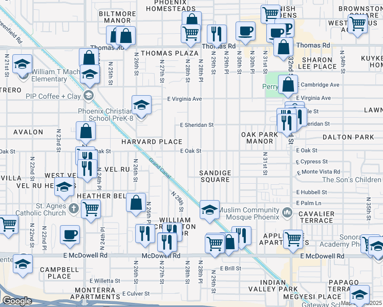 map of restaurants, bars, coffee shops, grocery stores, and more near 2230 North 28th Street in Phoenix