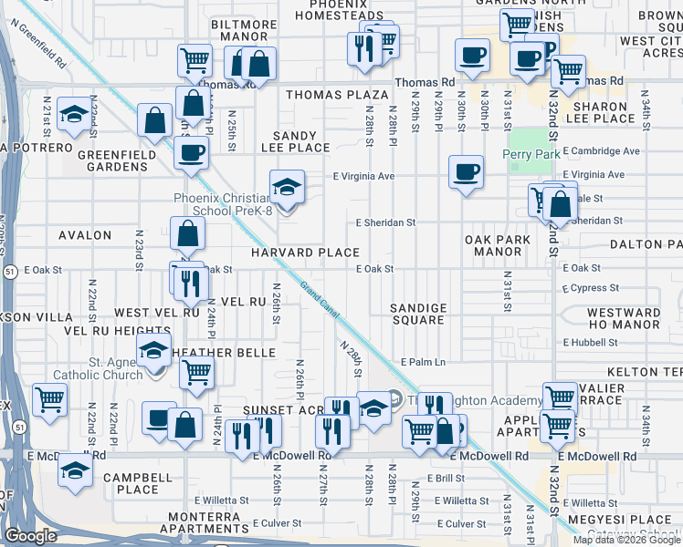 map of restaurants, bars, coffee shops, grocery stores, and more near 2230 North 27th Place in Phoenix