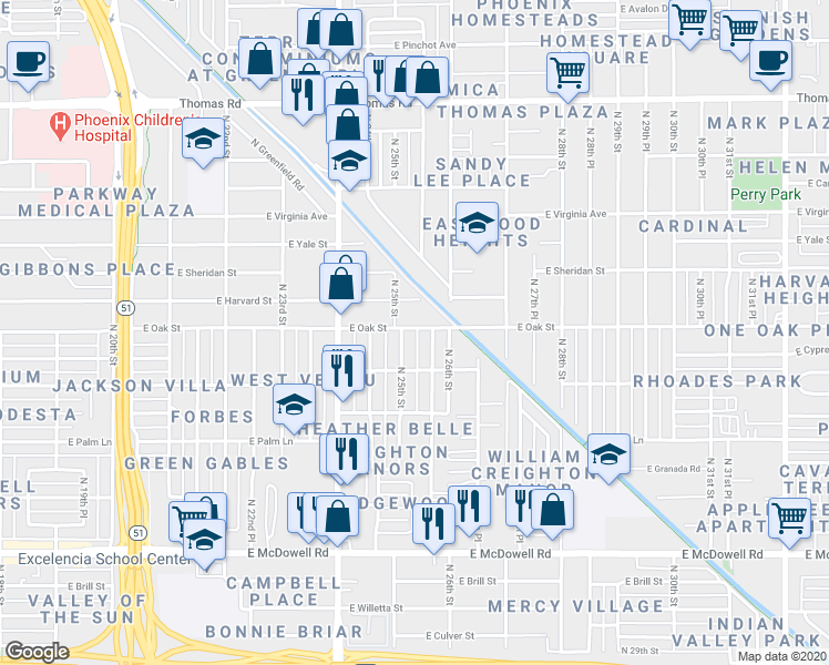 map of restaurants, bars, coffee shops, grocery stores, and more near 2219 North 25th Street in Phoenix