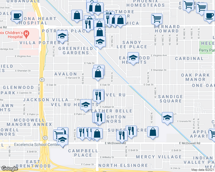 map of restaurants, bars, coffee shops, grocery stores, and more near 2219 North 24th Place in Phoenix