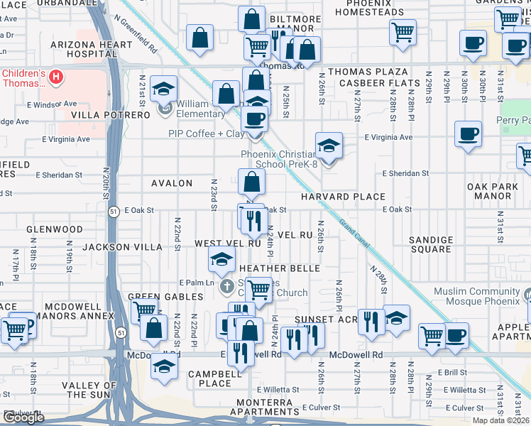 map of restaurants, bars, coffee shops, grocery stores, and more near 2219 North 24th Place in Phoenix