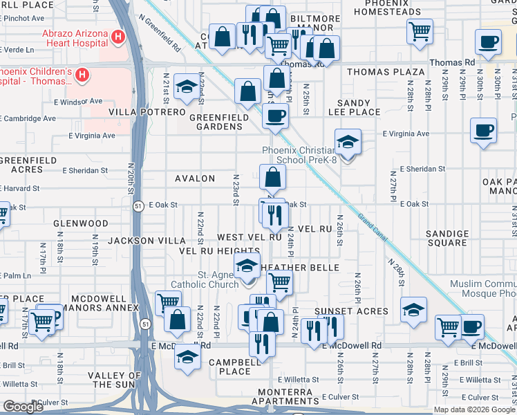 map of restaurants, bars, coffee shops, grocery stores, and more near 2234 North 24th Street in Phoenix