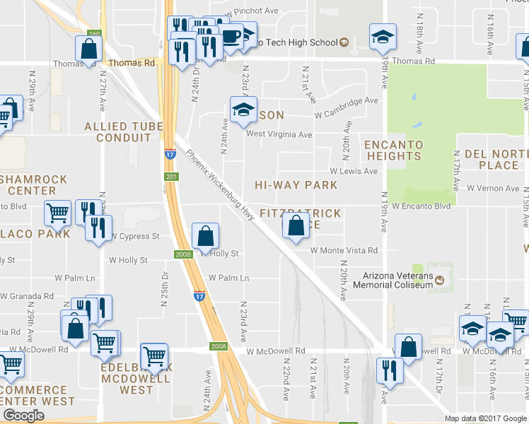 map of restaurants, bars, coffee shops, grocery stores, and more near 2252 Grand Avenue in Phoenix