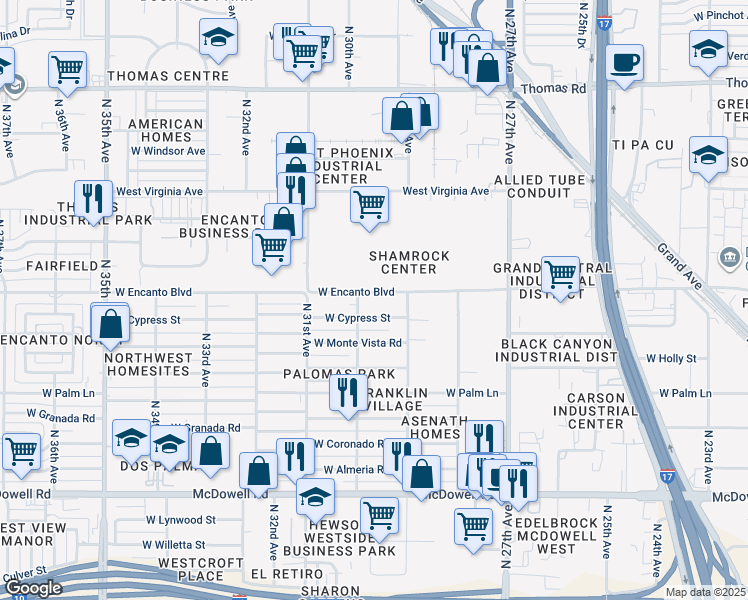 map of restaurants, bars, coffee shops, grocery stores, and more near 2946 West Cypress Street in Phoenix