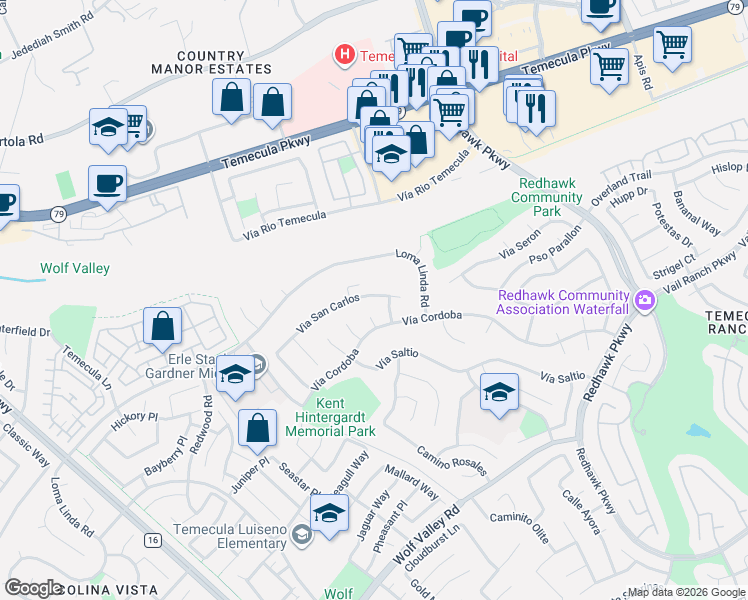 map of restaurants, bars, coffee shops, grocery stores, and more near 44997 Corte Christina in Temecula