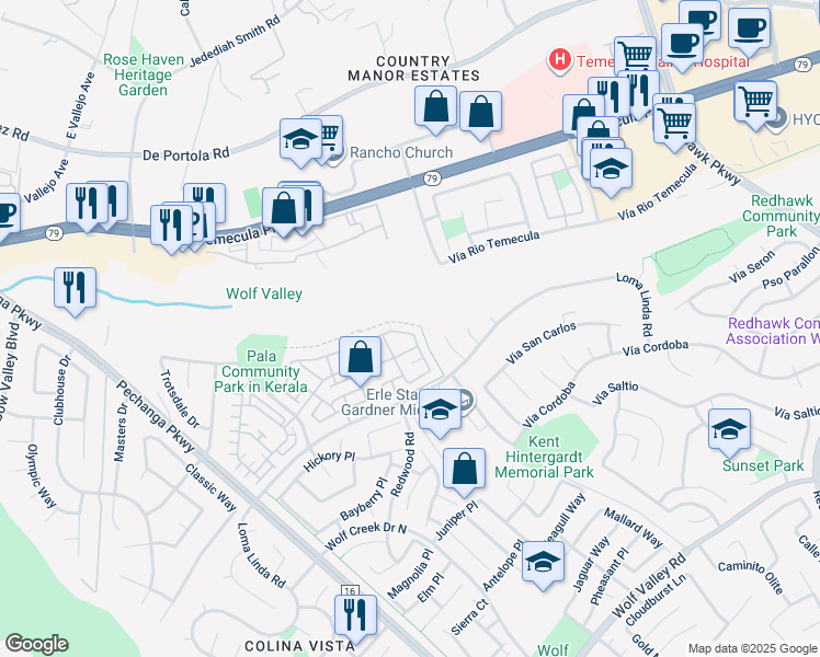 map of restaurants, bars, coffee shops, grocery stores, and more near 44842 Checkerbloom Drive in Temecula