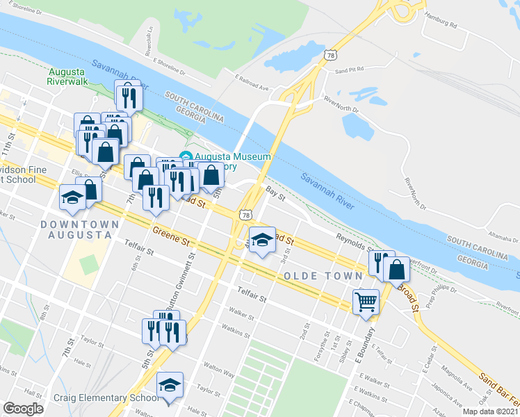 map of restaurants, bars, coffee shops, grocery stores, and more near 108 4th Street in Augusta