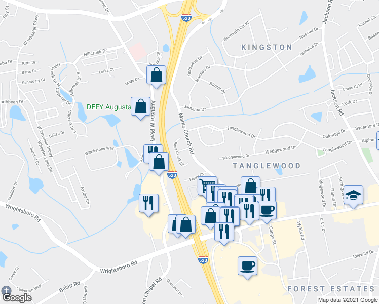map of restaurants, bars, coffee shops, grocery stores, and more near 2916 Raes Creek Road in Augusta