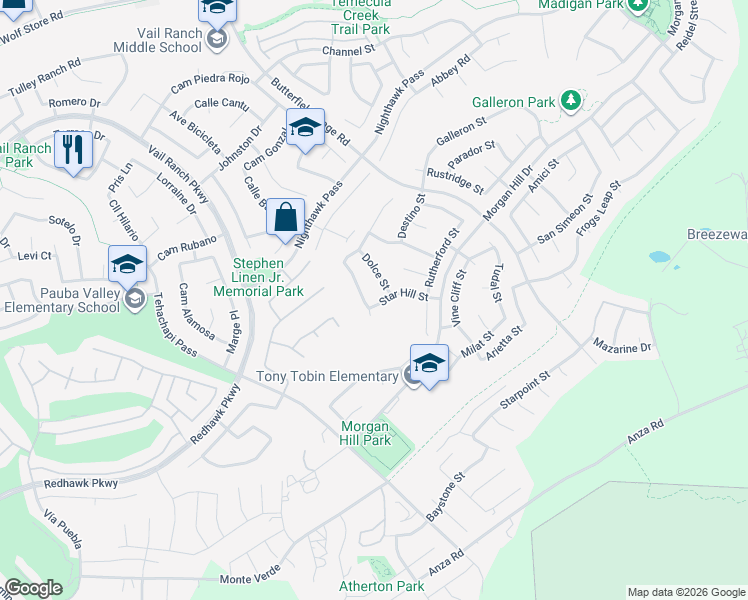 map of restaurants, bars, coffee shops, grocery stores, and more near 33776 Star Hill Street in Temecula