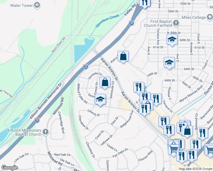 map of restaurants, bars, coffee shops, grocery stores, and more near 6641 Tensaw Court in Fairfield